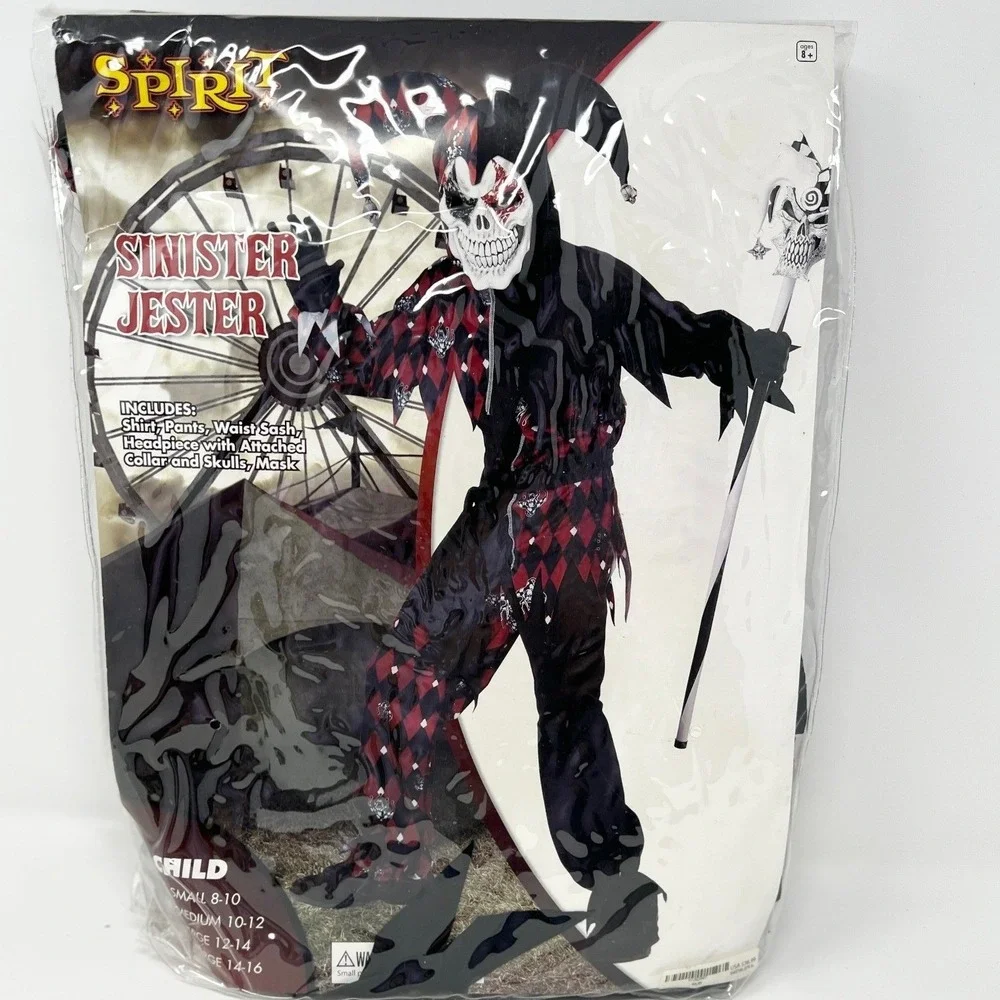 Spirit Halloween Sinister Jester Costume Black Red Evil Clown Mask Youth XL 14‎